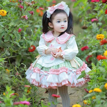 2023 godine, škotski haljine u stilu Лолиты za djevojčice, haljine s cvjetnim uzorkom na prvi rođendan, španjolski stilski ball haljina u stilu patchwork za djevojčice, odjeća za bebe