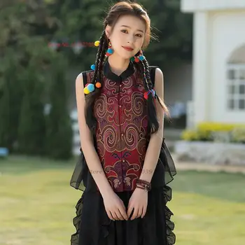 2023 kineski prsluk bez rukava s rol-bar, čipke лоскутный prsluk s cvjetnog vezom, ženski nacionalni prsluk, tradicionalna i. etničko kaput
