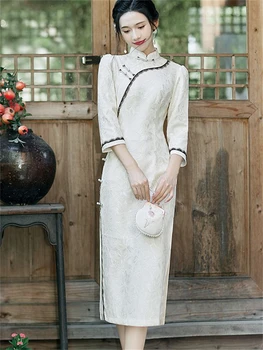 Donje kineska tradicionalna haljina dugih rukava u retro stilu, ovratnik desk, Ципао, seksi чонсам s visokim prorezom