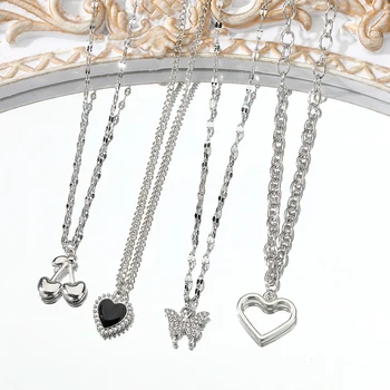 IPARAM, set od 4 predmeta, slatka ogrlice s ovjes u obliku leptira u obliku trešnje srca za žene, srebrna ogrlica-lanac, modni nakit, poklone