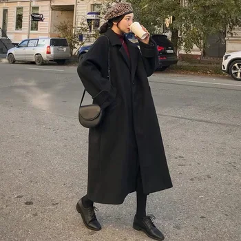 Kaput za žene 2023, Jesensko-Zimsko Crno Vune kaput za žene, Novi Obložen Običan Crni Tanki kaput