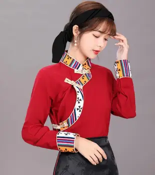 Kineski tibetanski t-shirt, ženske proljeće tanke majice, tradicionalni ples u etničkom stilu
