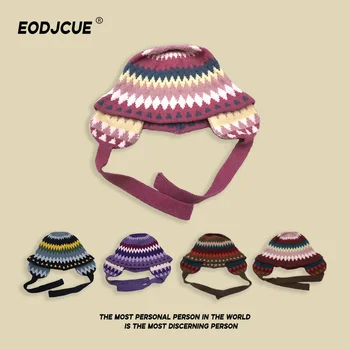 Klasicni kariranih kape-бомберы za žene, jesensko-zimske tople modne univerzalne korejski pletene kape kontrastne boje