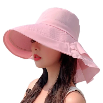 Ljetna ženski šešir od sunca u beachside stilu, однотонный roza, bež, crna boja, šešir s velikim poljima, energija vjetra užetom, luk