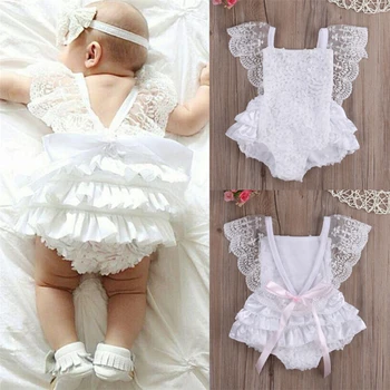 Novorođenče kombinezon princeze za djevojčice, čipke za odijelo s cvjetnim nabora, bijeli kombinezon bez rukava, ljetne odjeće, odjeće 0-18 m
