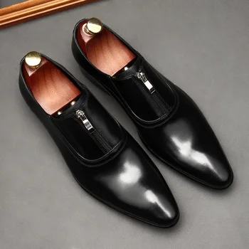Talijanski gospodo лоферы, cipele crne i smeđe boje, muška grand cipele na munje, ured za vjenčanje casual cipele od prave kože za muškarce