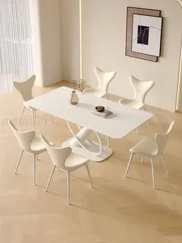 Talijanski kombinirani stol kremasti-bijele boje s 4-6 stolicama Kuhinja skup za kuće, vile, apartmani, stol u minimalistički stil od kamena ploča