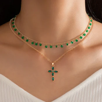 Tocona, boem zelena cigla privjesak s križem, laminirano ogrlice za žene, двухслойное ogrlica sa četkom od geometrijskih legure, ključnu kost