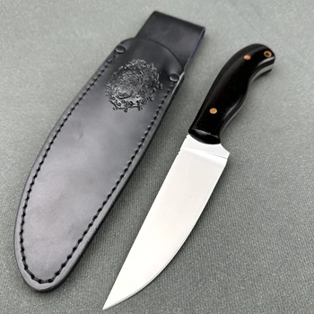 Čelik fiksni nož D2 s punim nož u kožnim koricama, hrapav i oštar nož za preživljavanje na otvorenom, udobna ručka od prirodnih sandalovine