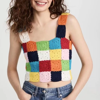 Ženski pletene top s бретелями, gala style, šarene majice ručno, kukičanje kukom u patchwork stilu