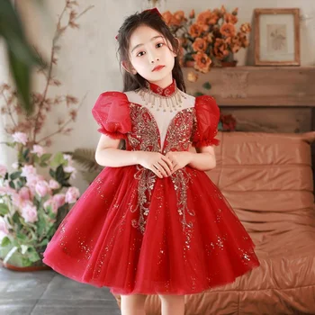 Crvena haljina, dječja haljina princeze, расшитое šljokicama i perlicama, vjenčanicu s cvjetnim uzorkom za djevojčice, večernja haljina djeveruša haljina za Uskrs i krstenje