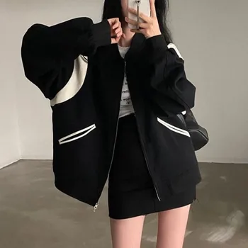 HOUZHOU Korejski funky jakna-бомбер, ženska vintage ulični odjeća, crne jakne munje оверсайз, svakodnevno ocjena эстетичное осеннее kaput