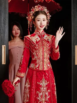 Izuzetna vjenčanica djeveruša haljina s izvezenim perle i šljokice, svadbeni set u kineskom stilu, odijelo za orijentalne tosta