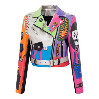 Jesenski modni kožna jakna sa izvezenim tigar, ženska odjeća s natpisom u stilu hip-hop grafiti, motor, metalni prsten