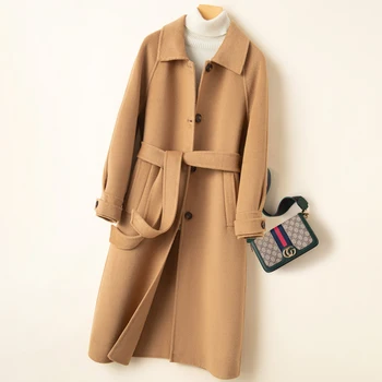 Jesensko-zimsko novi korejski moderan ženski kaput srednje duljine s реверсивным ovratnikom od čiste vune, slobodno kvalitetan kaput čipka-up