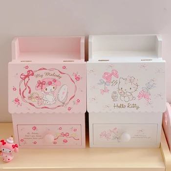 Kawaii Hello Kitty My Melody Crtić Drvena Kutija Za Nakit Anime Sanrio Girl Heart Slatka Kozmetički Izlog s Ogledalom