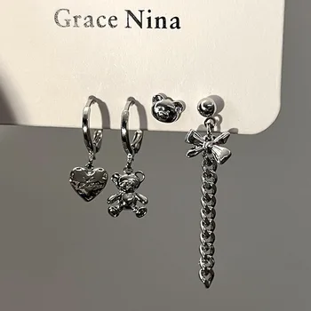 Komplet od 4 predmeta, ženske naušnice i prsten u stilu hip-hop s lukom u obliku medvjeda srca, metalne naušnice, pribor, nove nakit