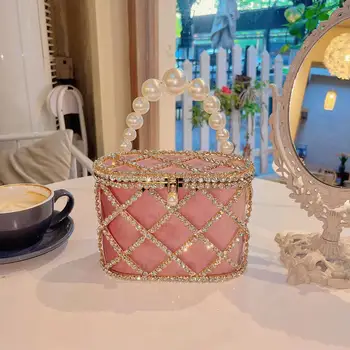 Košarica s dijamantima, večernja torba-клатч, ženska 2023, Luksuzni otvorene torbe u metalni kavez, izvezena perle, žensku torbu za svadbene zurke