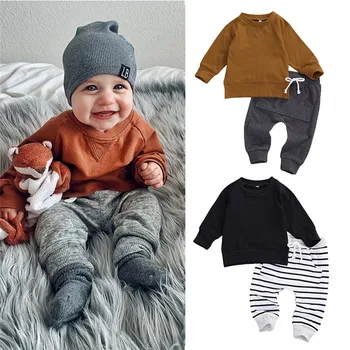 Mildsown / komplet odjeće iz 2 predmeta za male dječake, monotono majica dugi rukav, majice, hlače na pruge s džepovima, proljeće-jesen casual odjeća