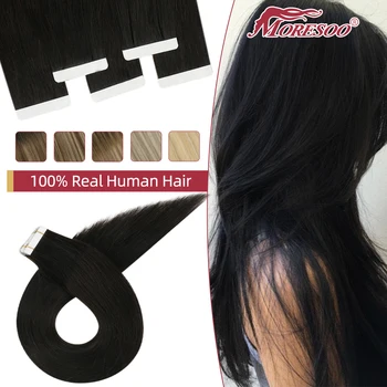 Moresoo Virgin Hair Tape in Ekstenzije od Ljudske Kose Pune Boje 14-24 inča Dvostruka Slika 10A Klasa Izravna Traka Brazilski Kosu