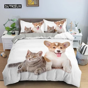 Pas i mačka deka skup Queen size Blizanac temu životinja, posteljinu za djecu dječaci djevojčice od mikrovlakana 3D štene, mačić deka cover