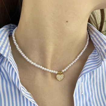Privjesak u obliku srca sa simuliranim biser ogrlice za žene, kopča od nehrđajućeg čelika, ogrlice zlatne boje, besplatna dostava