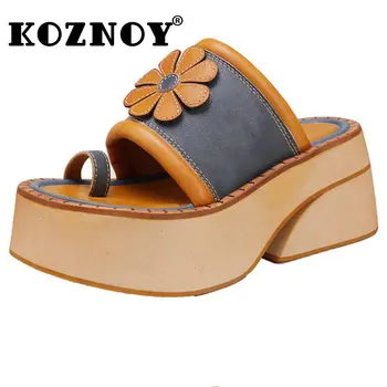 Sandale Koznoy, luksuzne dizajnerske ženske etničke aplicirano 8,5 cm od prave kože, ljetne papuče na platformi sa клипсами