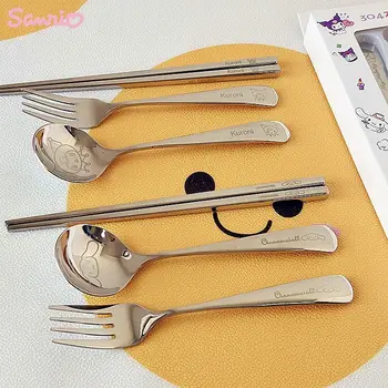 Sanrio Kuromi Set pribora za jelo Hello Kitty Cinnamoroll Slatka štapići za jelo od nehrđajućeg čelika 304, žlica, vilica, 3 predmeta, pribor za jelo za odrasle studente