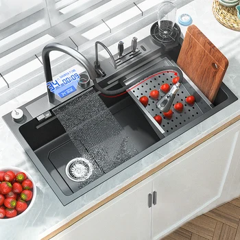 Sudoper s vodopadom od 304 nehrđajućeg čelika, digitalni zaslon, sudoper za pranje posuđa s dvostruka vodilica, dodir falls