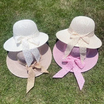 Sunčane kape za djevojčice, ljetna slamnati šešir sa širokim poljima i lukom s vrpcom, Ulica sunčane ženske šešire, šarene ženske panama