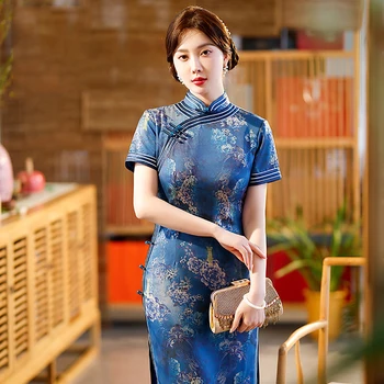 Yourqipao 2023 Godina duge plave Ципао s visokim prorezom, superior tanak mogućnost cvijet, Ципао, tradicionalne kineske odjeće za žene