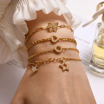 Ženske narukvice Vnox, Narukvica, lanac s kovrčava spajalice od jednog komada metala zlatne boje, Narukvice s privjescima u obliku leptira i kovanica u obliku srca i zvjezdice