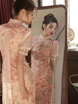 Ženske večernje haljine Qipao slatka luk, seksi haljina u kineskom stilu sa šljokicama, duga elegantna haljina s кружевным cvjetni uzorak Cheongsam