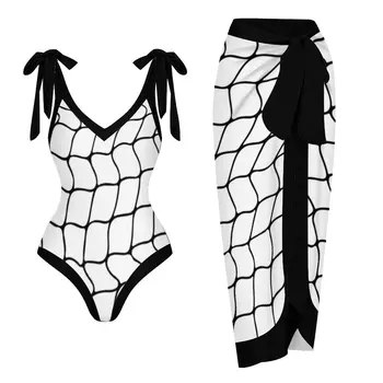 Ženski kupaći kostim u stilu retro s geometrijskim uzorkom, geometrijski boja, crni print, reverzibilni kupaći kostim iz 2 predmeta i накидка, svečana plaža odjeća za kupanje